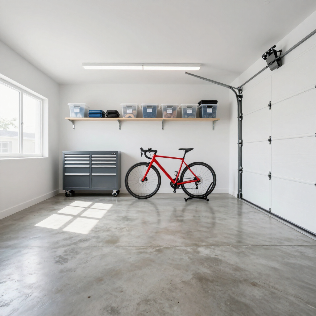 Minimal garage with a red bicycle, gray tool chest, shelves, and a white garage door.