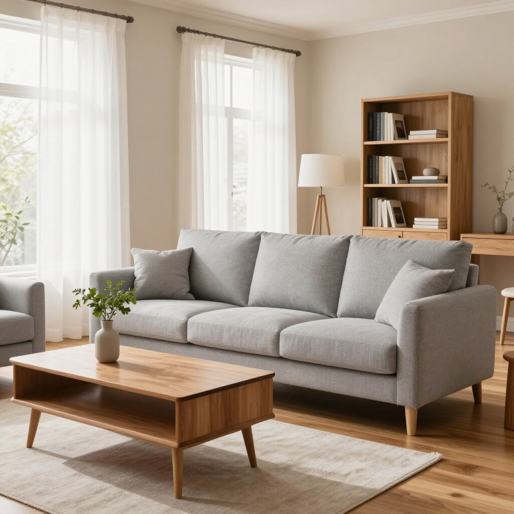 Bright living room with a gray sofa, wooden coffee table, bookshelf, and large windows.