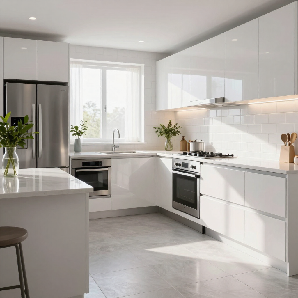 Bright modern white kitchen with stainless steel appliances, island, and sunlight through a window
