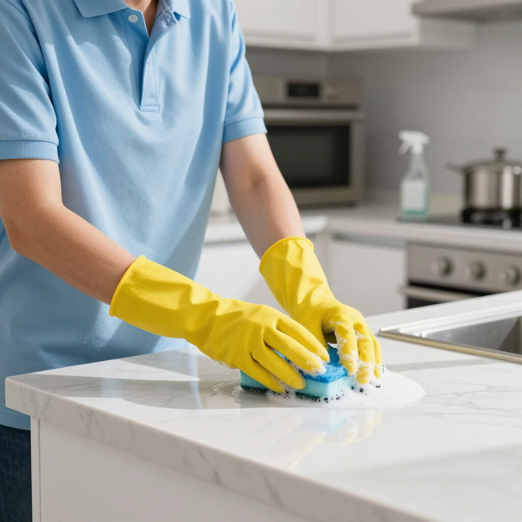 A person wearing bright yellow rubber gloves cleans a white marble kitchen countertop with a blue sponge and soapy water.