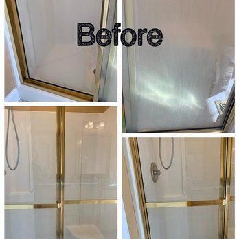 A side-by-side comparison of a shower door showing cloudy, mineral-stained glass before cleaning and clear glass after.