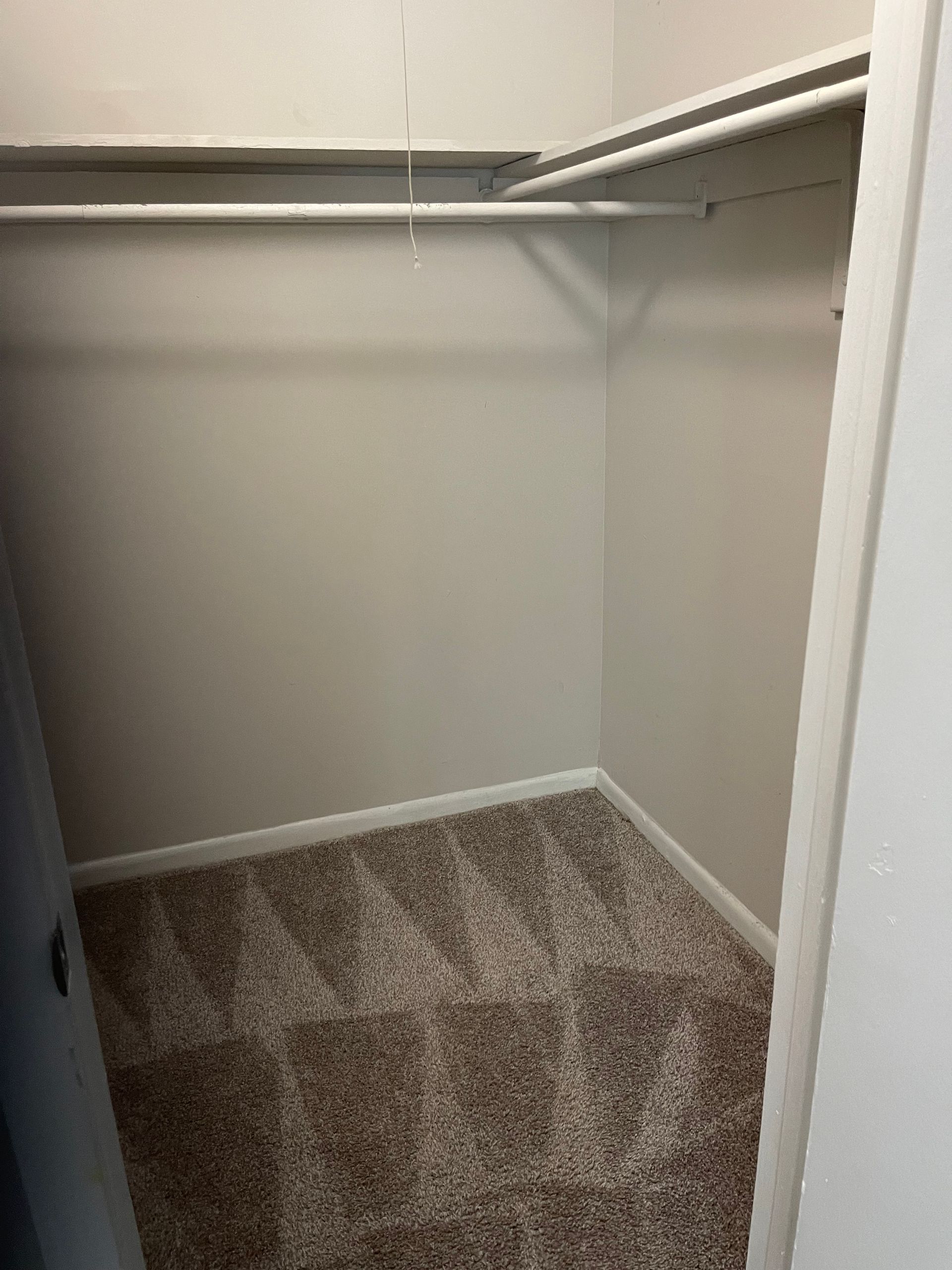 A view inside a small walk-in closet with carpeted flooring, plain off-white walls, and a single clothing rod with a shelf.