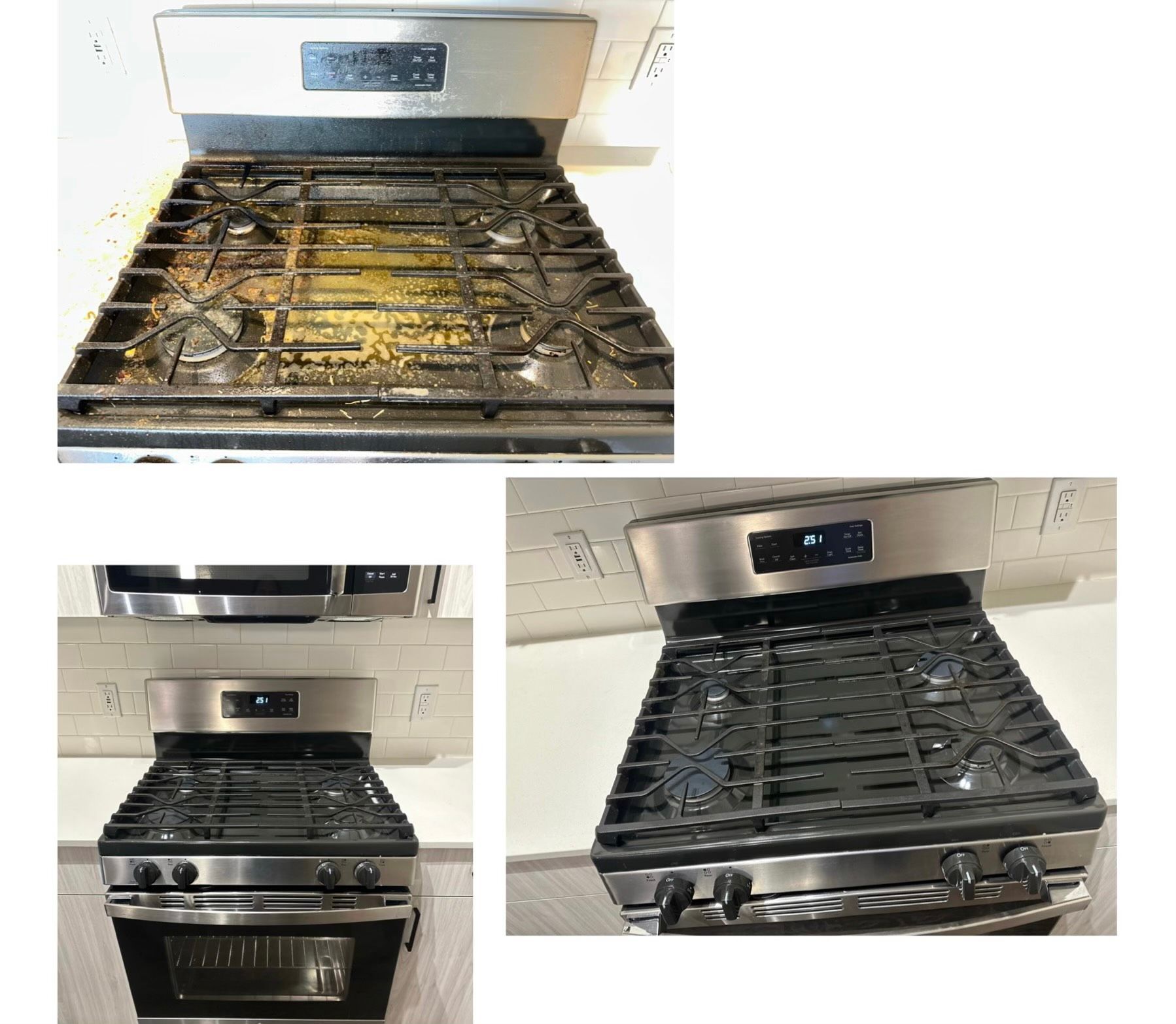 Before and after comparison of a stainless steel gas stove showing a dirty, food-stained surface cleaned to a shine.