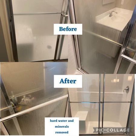 Before and after photos of a glass shower door, demonstrating the removal of hard water and mineral stains.