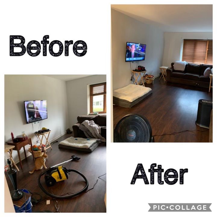 A split-screen comparison of a living room showing 