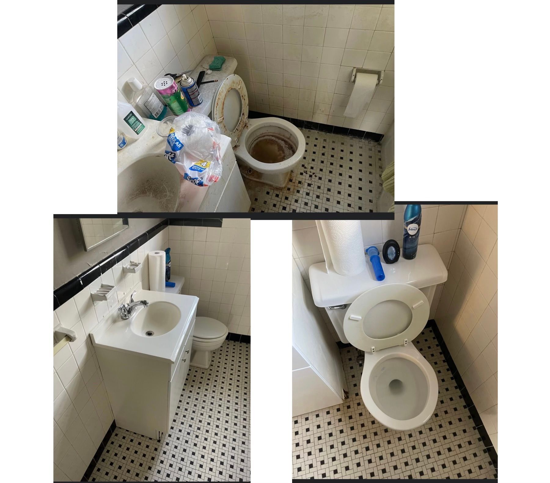 A composite of three photos showing a small bathroom with white tiled walls, a sink, and a toilet before and after cleaning.