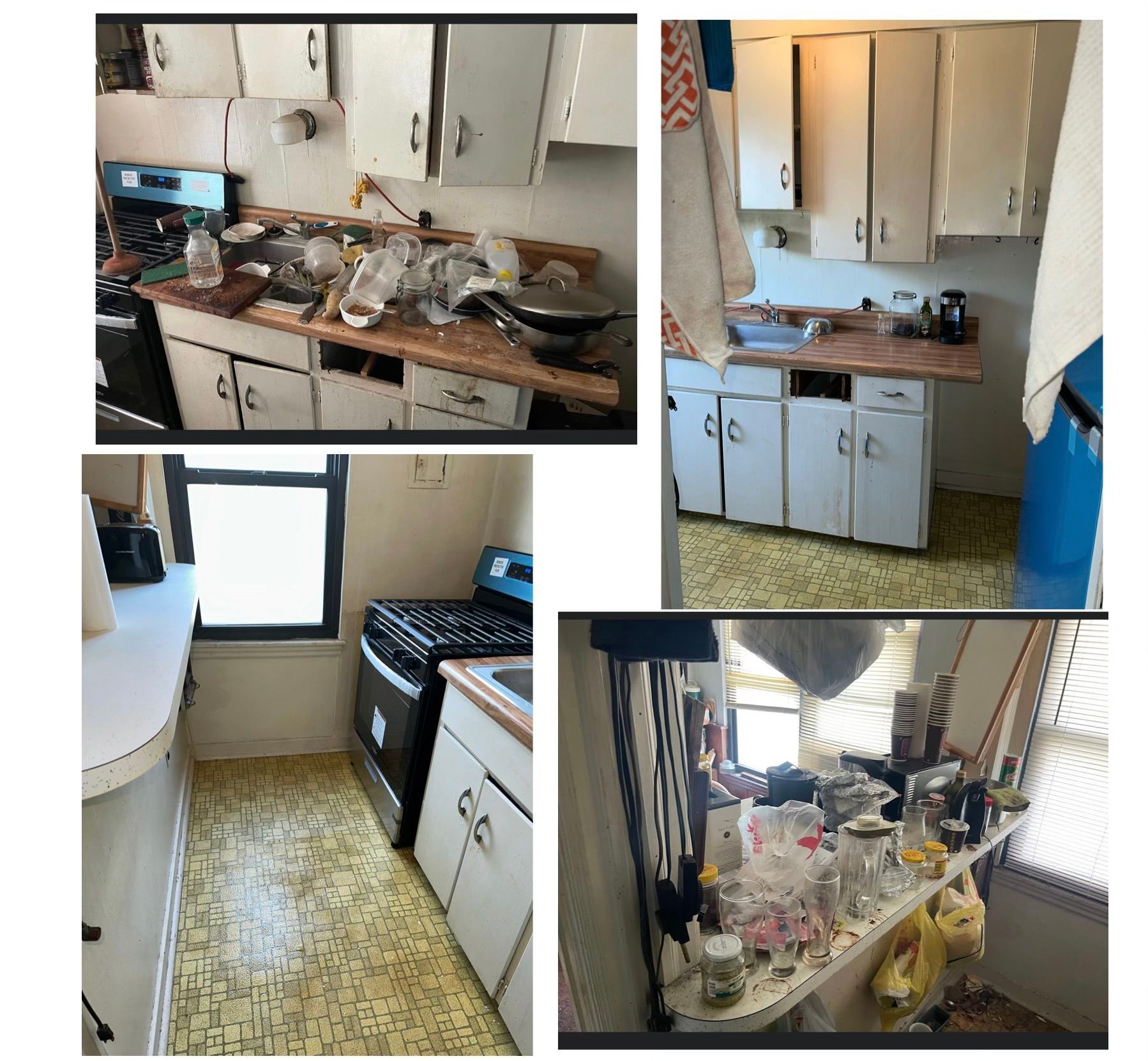 A collage showing a cluttered kitchen with white cabinets, a black stove, and patterned flooring from various angles.
