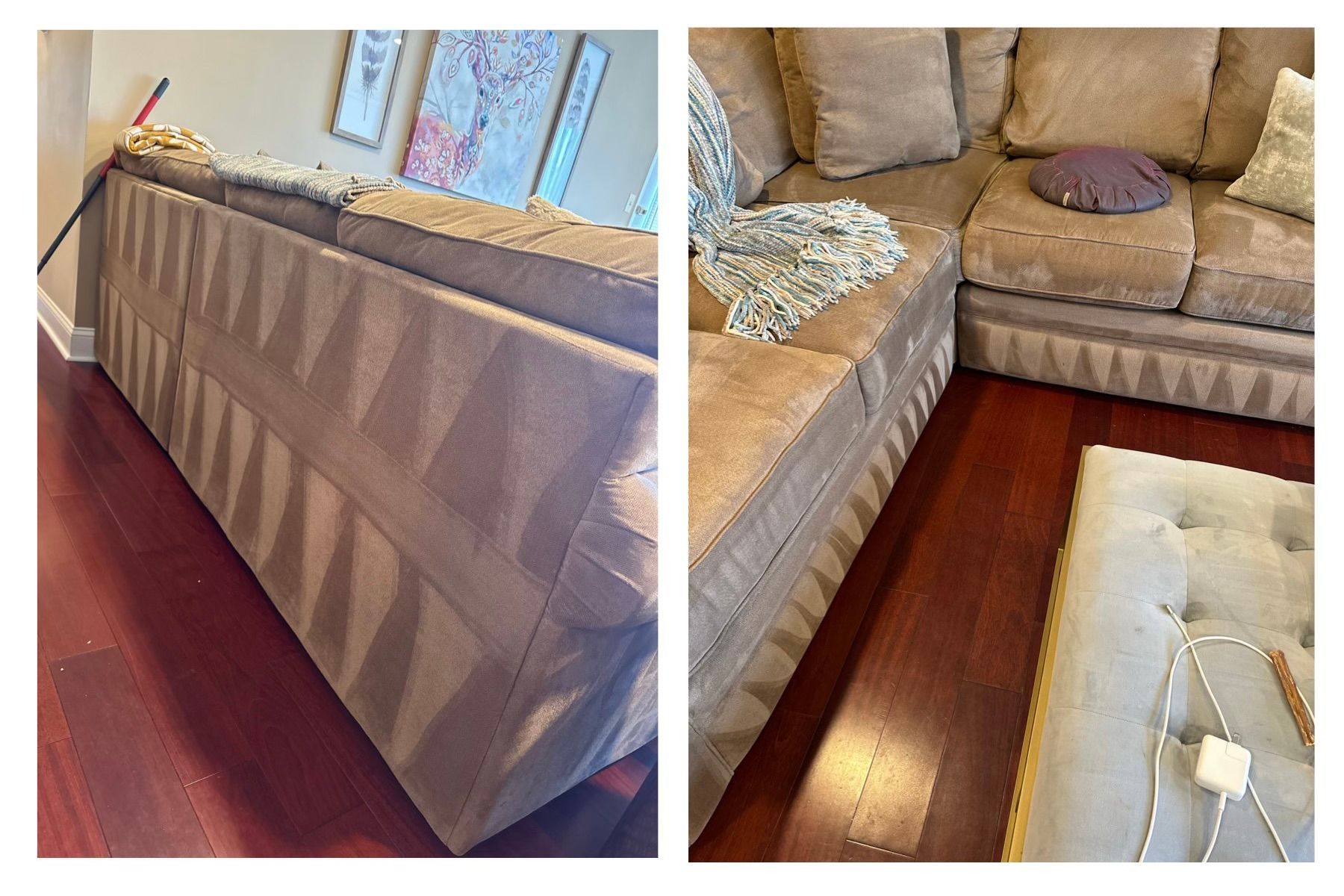 A side-by-side view showing the patterned fabric upholstery of a sectional sofa and an ottoman on a dark wood floor.