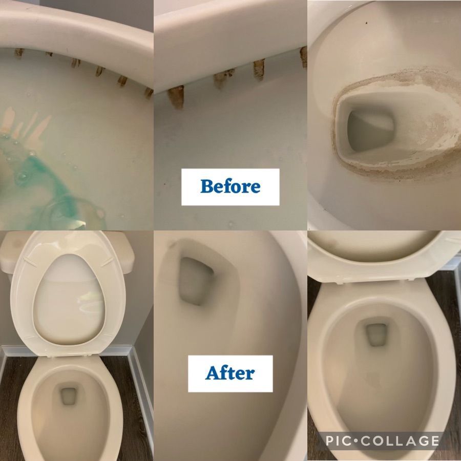 A split-screen comparison of a toilet bowl showing significant hard water stains before cleaning and its clean state after.