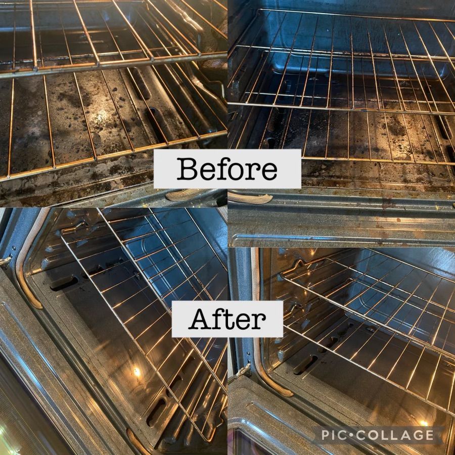 A before-and-after comparison of an oven interior showing a heavily soiled surface cleaned to a shiny, like-new condition.
