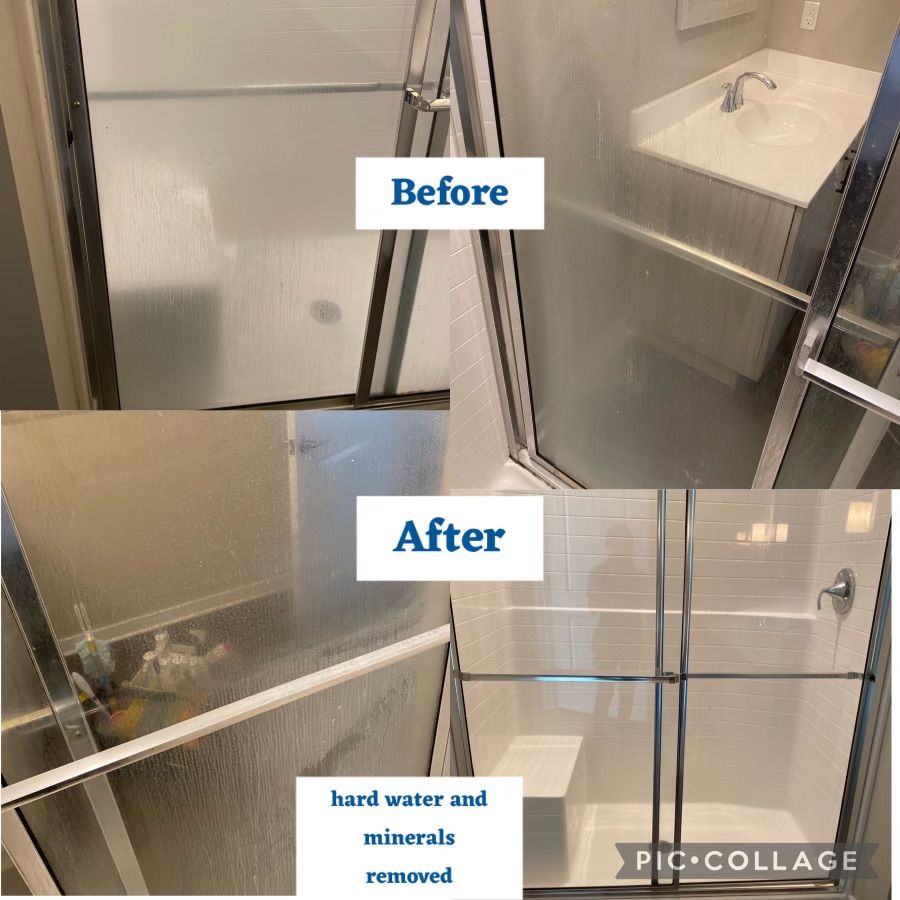 Before and after photos of a glass shower door, demonstrating the removal of hard water stains and mineral buildup.