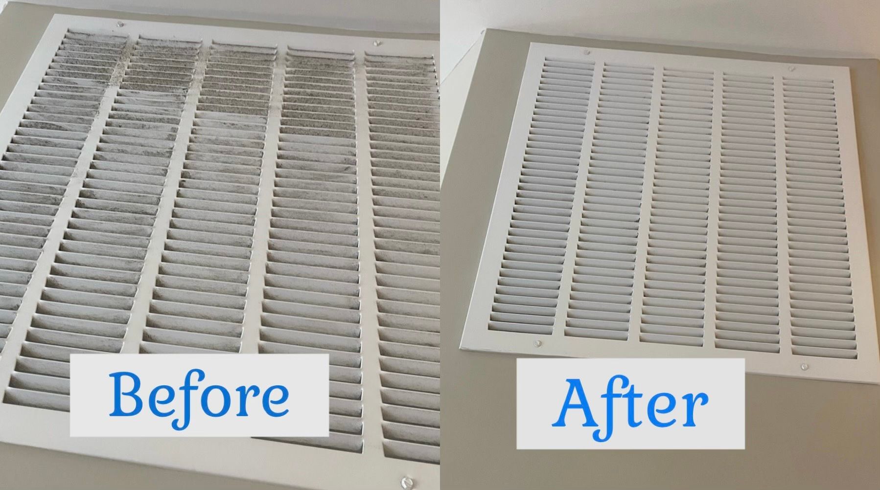 A side-by-side comparison of a dirty HVAC air vent cover on the left and a clean, white vent cover on the right.