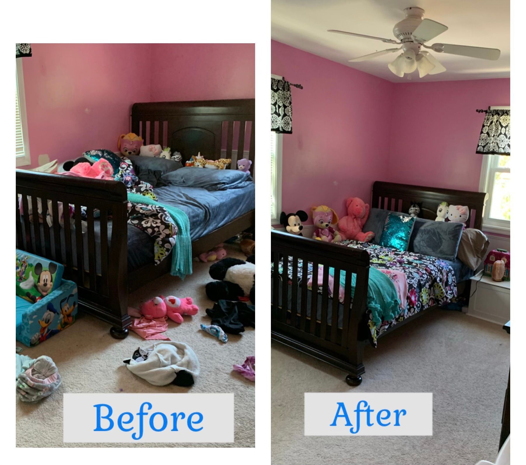 Before and after comparison of a pink bedroom, showing a messy bed and floor cleaned and organized.