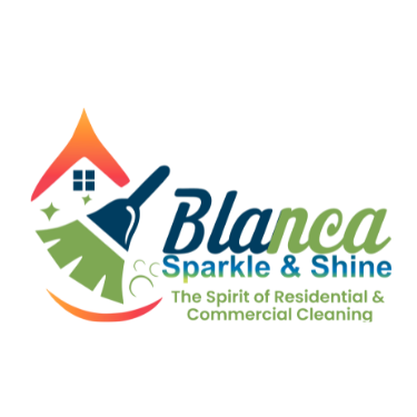 Logo for Blanca Sparkle & Shine: a stylized house, broom, and bubble graphic with blue and green text on a white background.