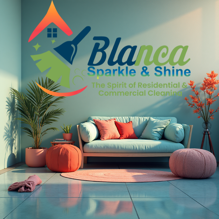 Living room with blue walls, sofa, plants, and a cleaning service logo reading 