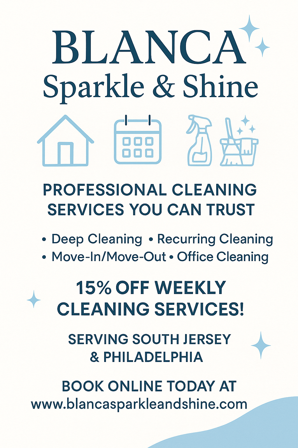Flyer for Blanca Sparkle & Shine professional cleaning services in South Jersey and Philadelphia with a 15% discount.