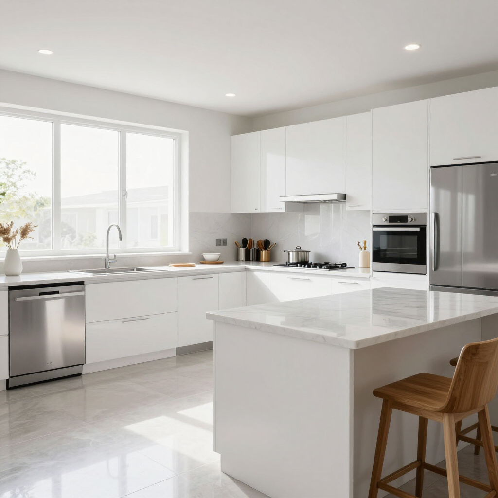Bright modern white kitchen with island, stainless appliances, large windows, and a wooden stool
