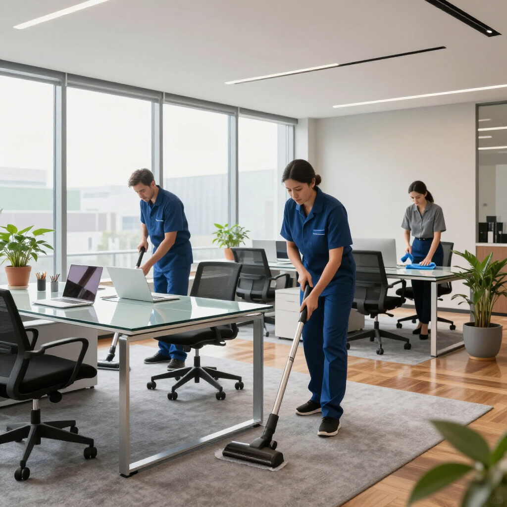 Three professional cleaners in uniform vacuuming and wiping desks in a bright, modern office workspace.