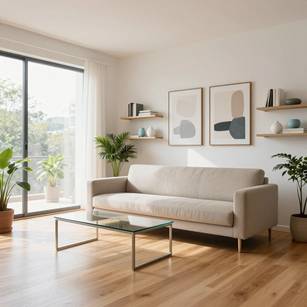 Bright modern living room with beige sofa, glass coffee table, wall art, plants, and sliding balcony door