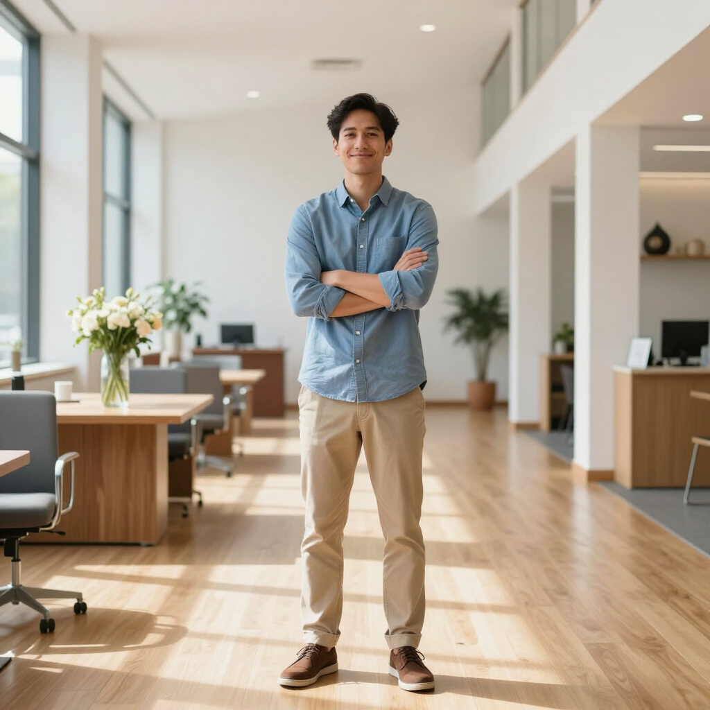 Person standing with arms crossed in a bright modern office lobby