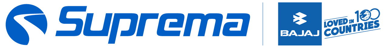 Logotipo da Suprema e Bajaj em azul.