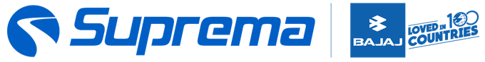 Logotipo da Suprema e Bajaj em azul.