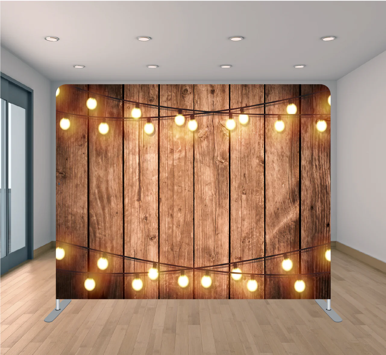 wooden wall with string lights backdrop 