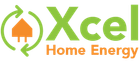 Xcel Home Energy logo with green text, orange house icon, and circular arrows