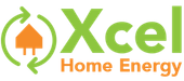 Xcel Home Energy logo with green text, orange house icon, and circular arrows