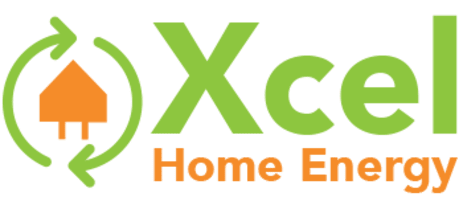Xcel Home Energy logo with green text, orange house icon, and circular arrows