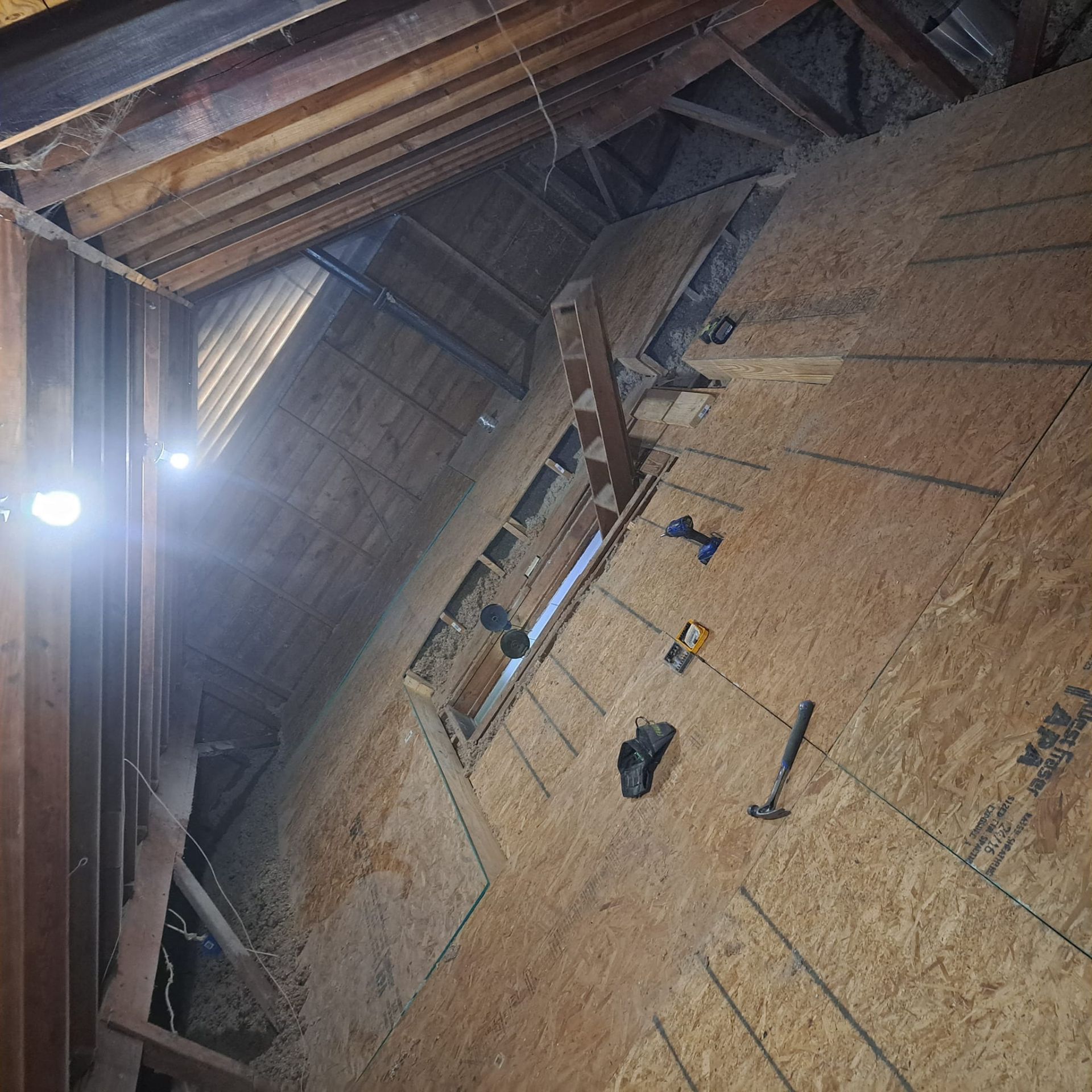 Slanted view of a partially roofed interior with plywood wall panels and exposed beams.
