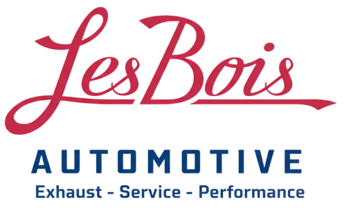 Logo for Les Bois Automotive, red script text over blue text: "AUTOMOTIVE". Tagline "Exhaust - Service - Performance".