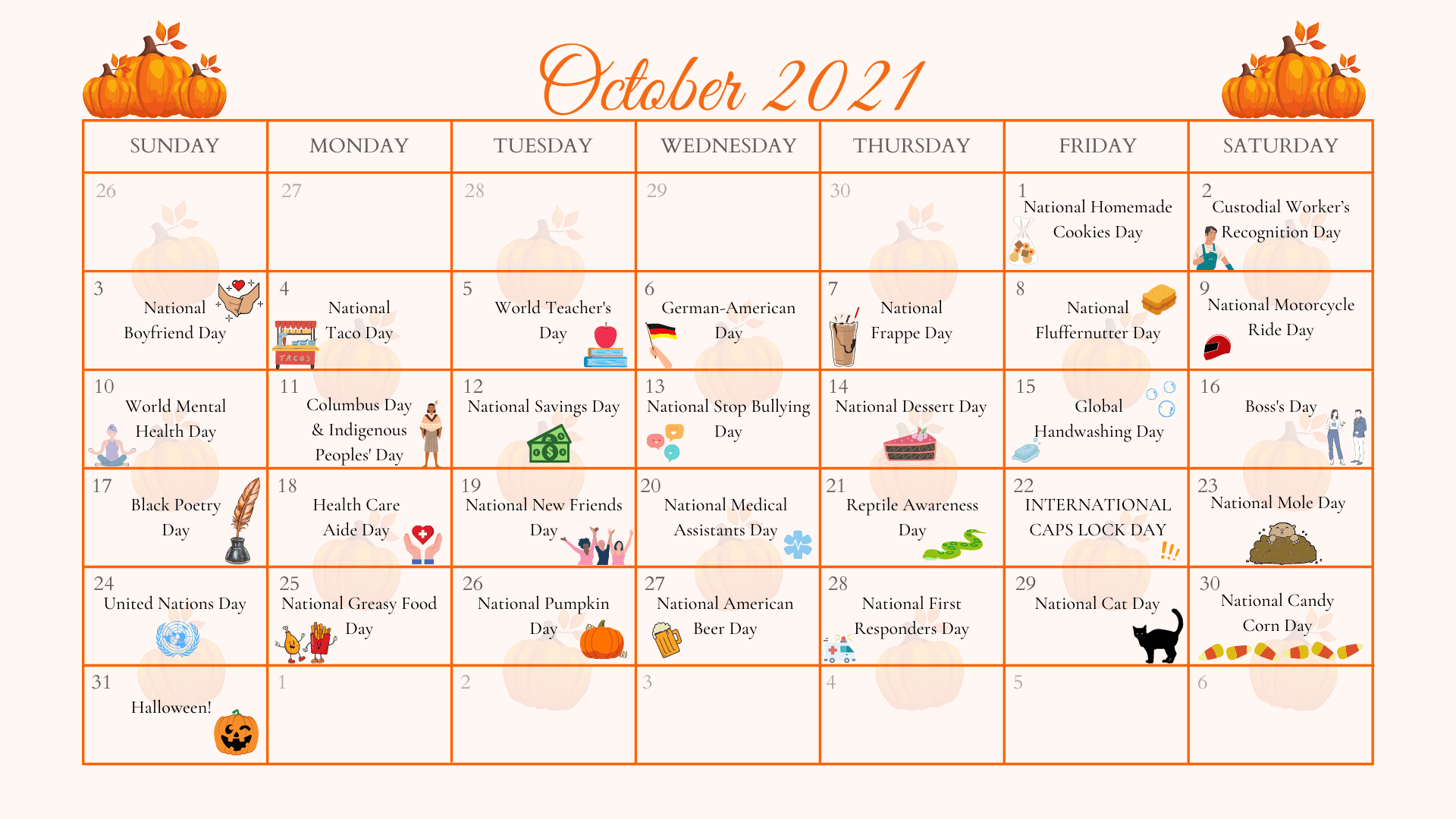 October 2024 calendar with orange pumpkin decorations and small seasonal doodles in each date box