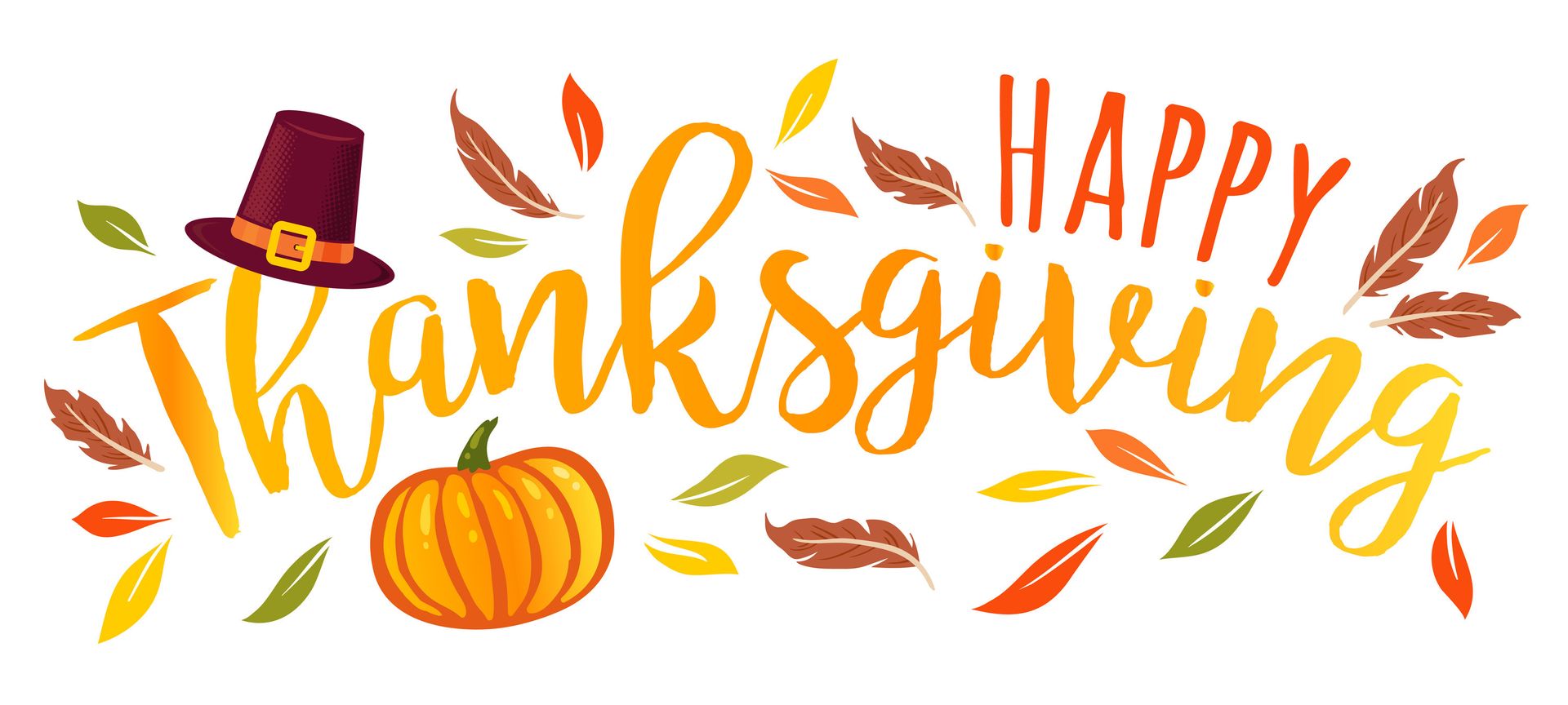 Happy Thanksgiving text with a pumpkin, autumn leaves, and a purple pilgrim hat on a white background