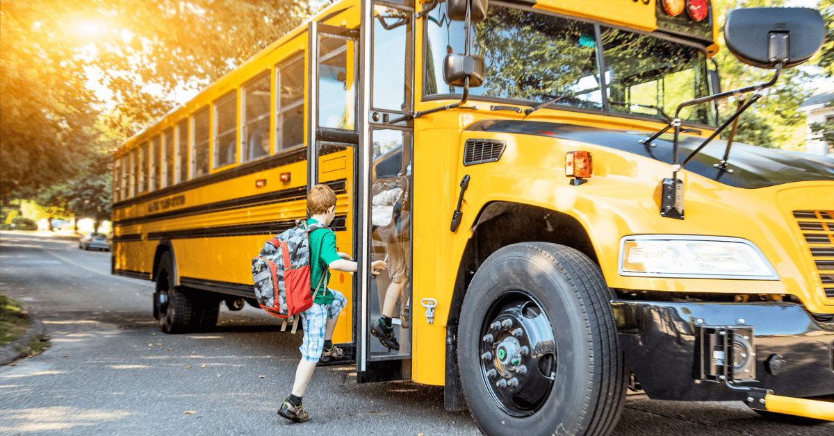 Child boarding a yellow school bus at the curb on a sunny day