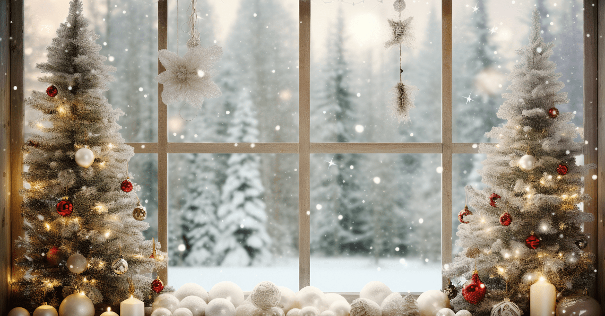 Snowy window with lit Christmas trees, red ornaments, and white decor, overlooking a winter scene