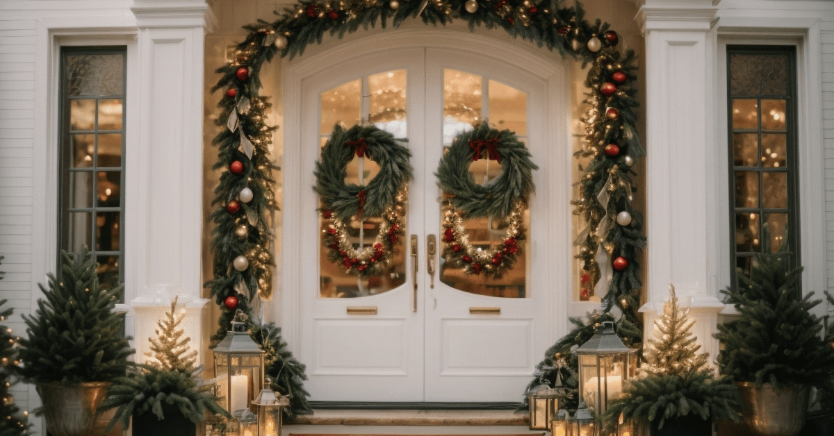 Festive front door with holiday wreaths, garlands, and warm porch lights