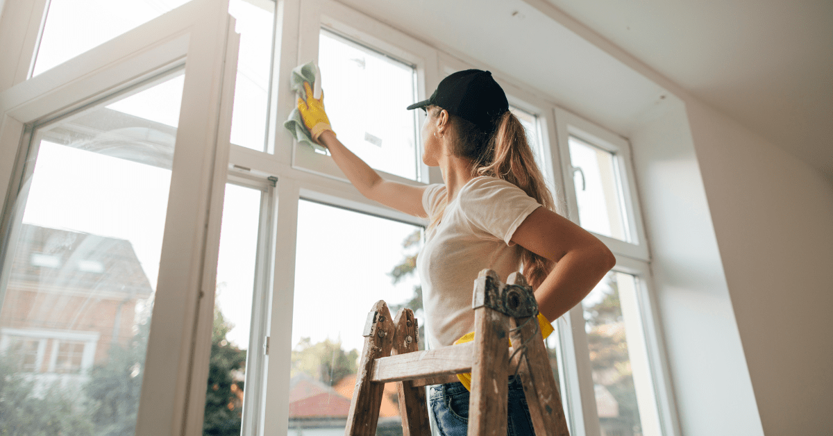 Person on a ladder cleaning a window with a yellow cloth in a bright room