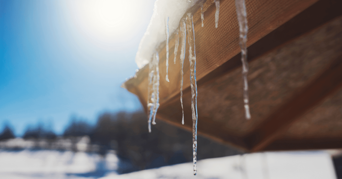 Icicles hanging from a roof edge against a snowy, blurred winter background