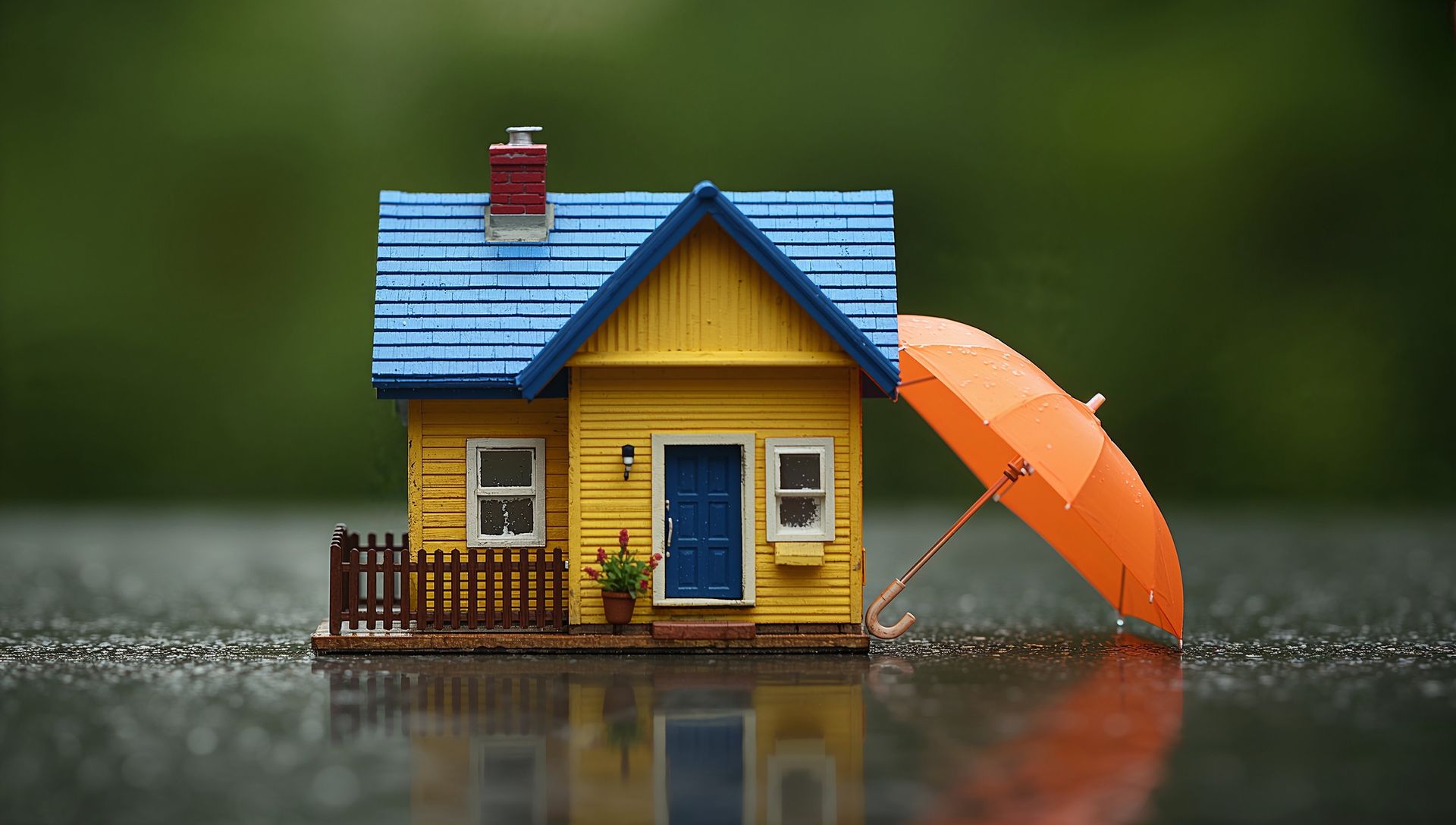 Tiny yellow house with blue roof and orange umbrella standing in floodwater
