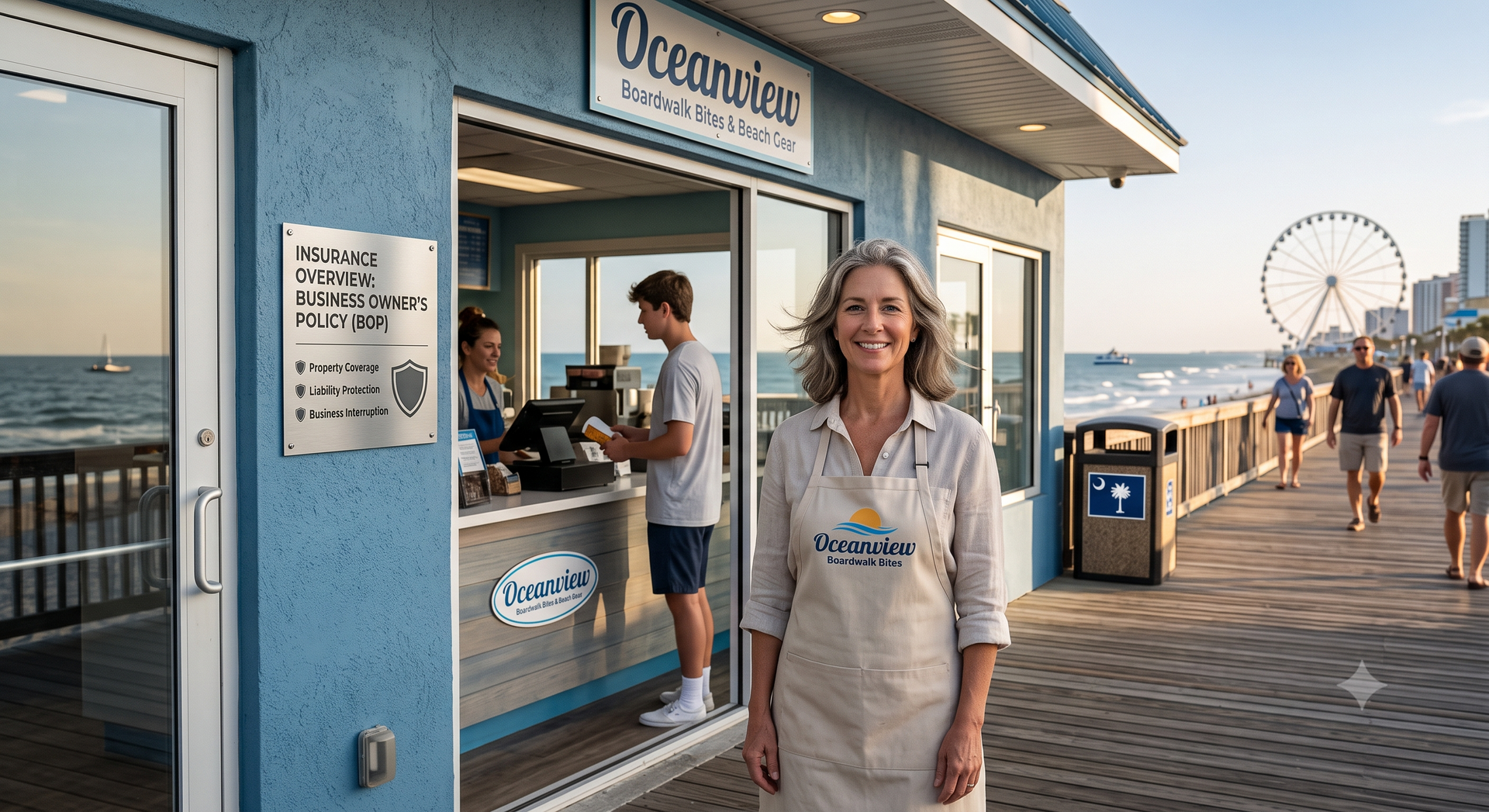 Smiling person stands by an ocean pier shop with a ferris wheel and boardwalk in the background