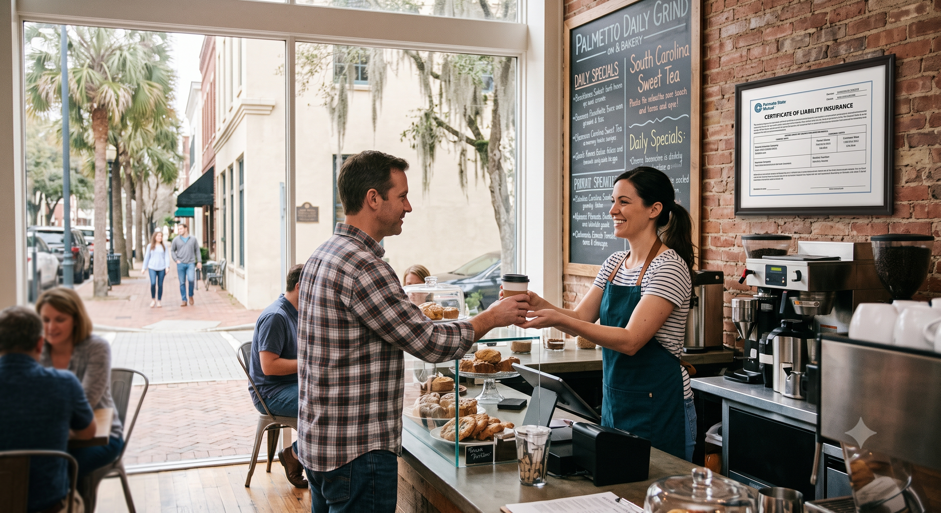 Customer and barista exchanging a drink at a bright café counter, with pastries and sidewalk seating visible.