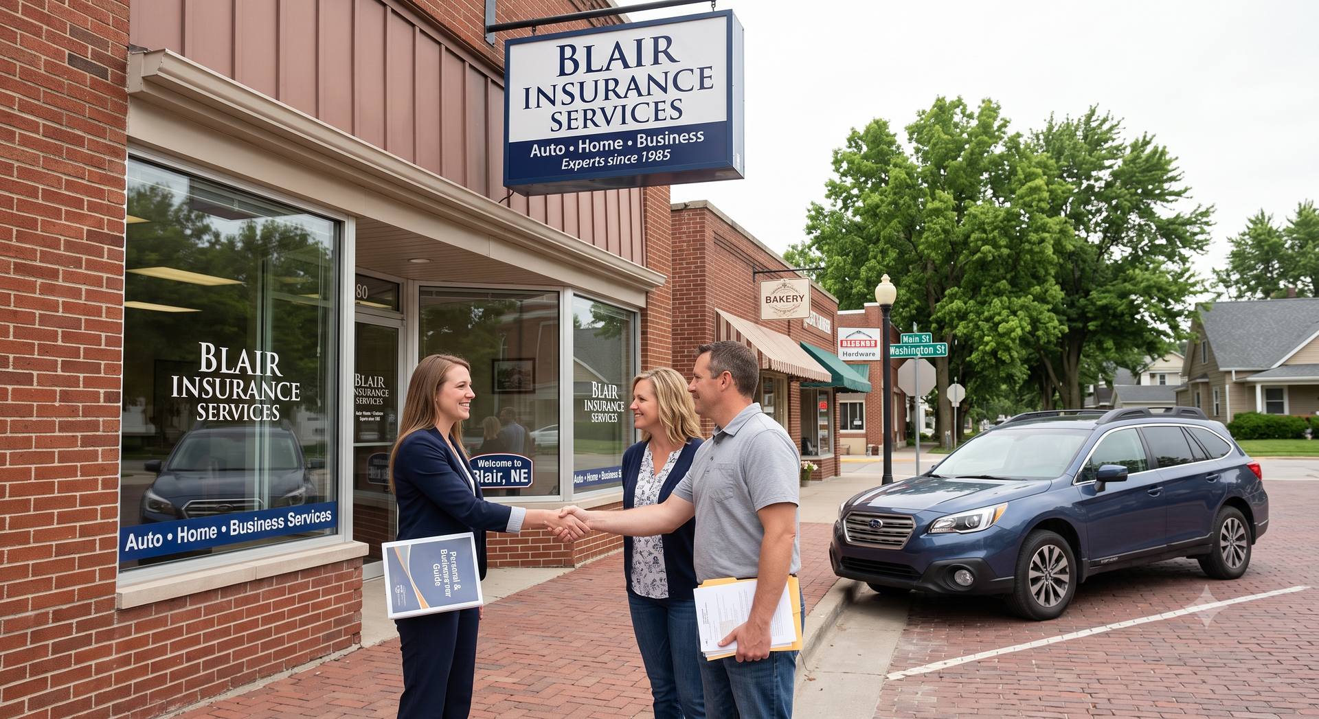 Three people talking outside Blaine Insurance office, with a parked SUV on the street.