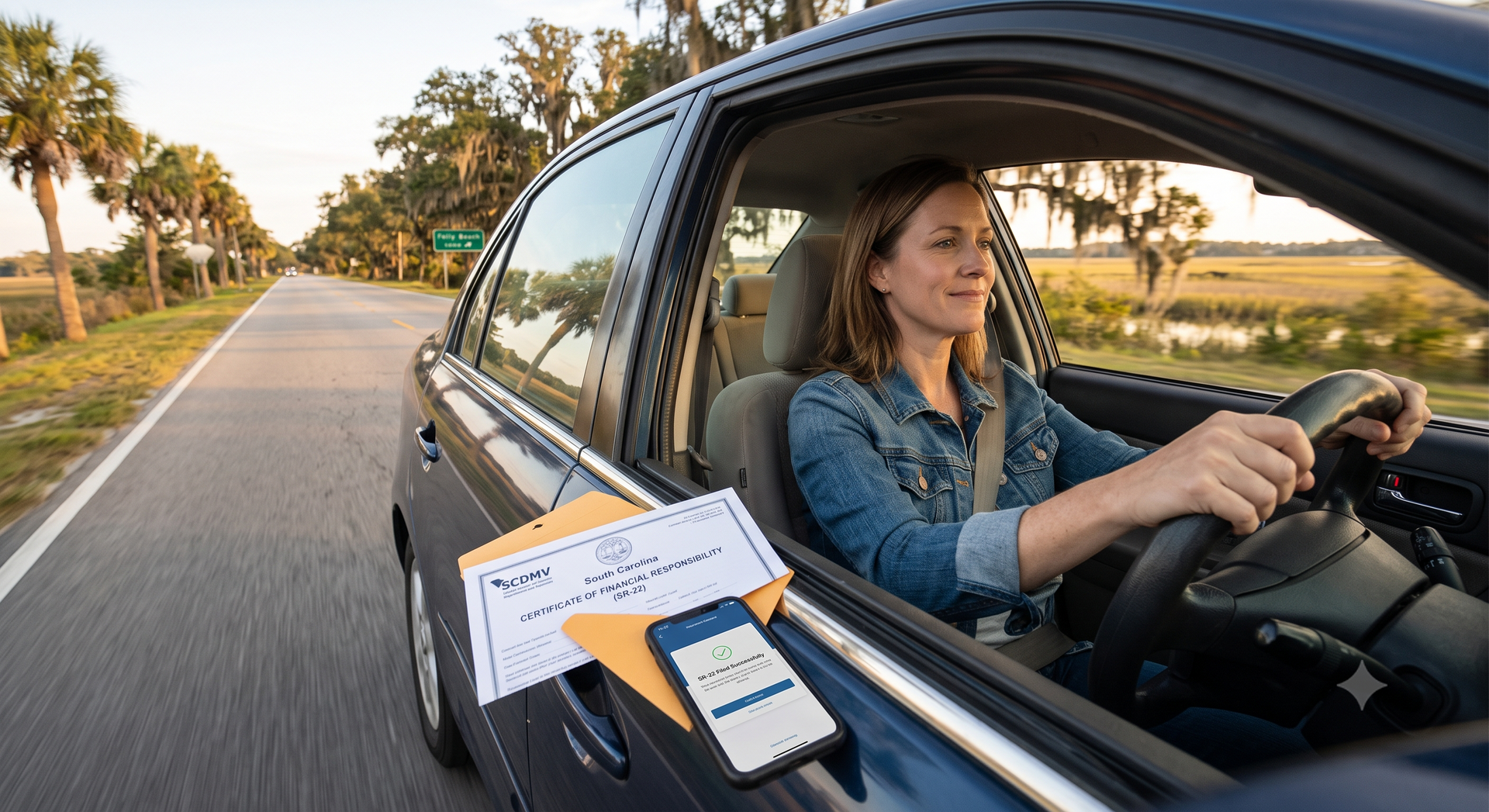 Woman driving a car on a palm-lined road at sunset, with a phone and papers clipped to the window