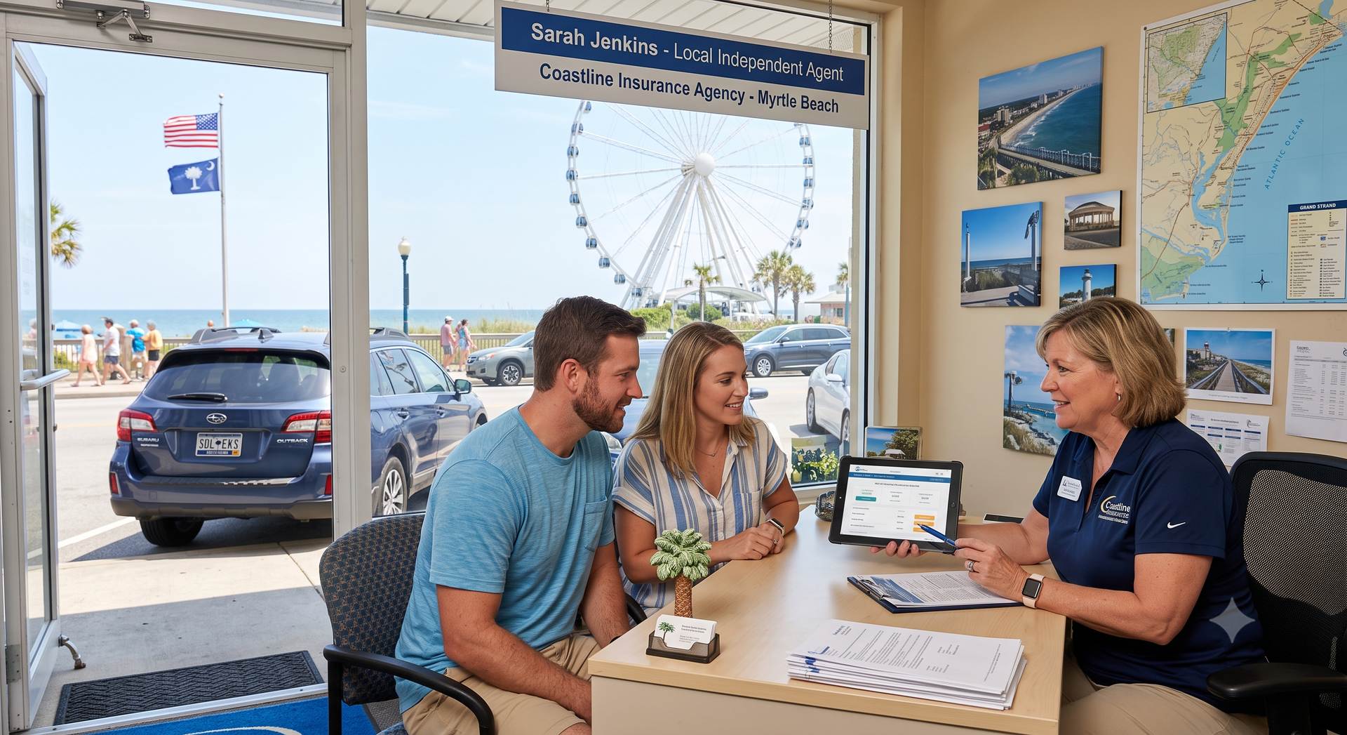 Two people meet with a sales agent at a coastal car dealership office