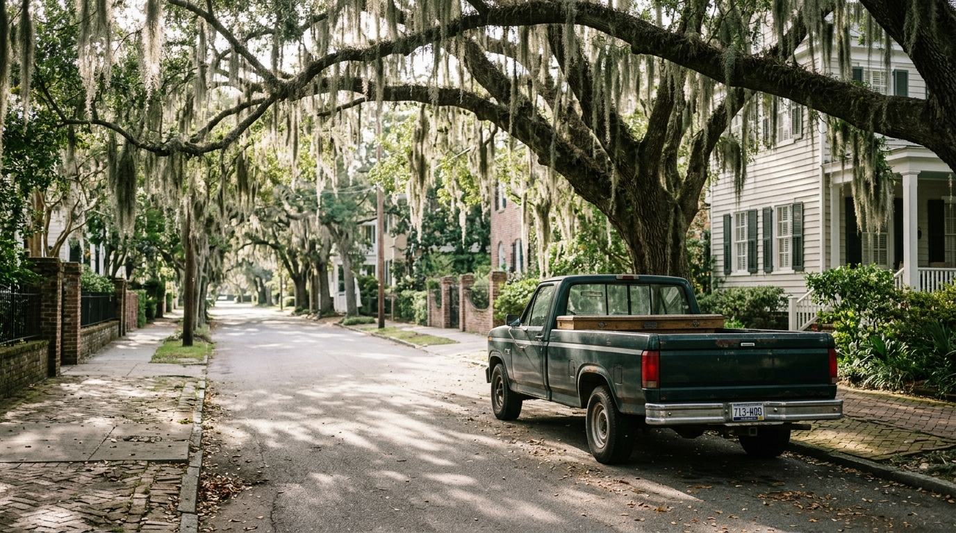 Two-lane road along the Winyah Bay waterfront in Georgetown, South Carolina on a partly cloudy afternoon