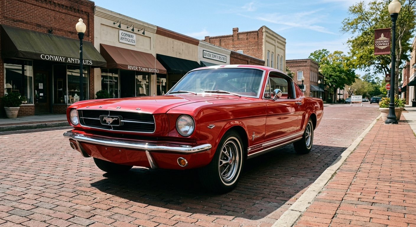 A polished red 1960s American muscle car parked on a coastal South Carolina road with live oak trees in the background