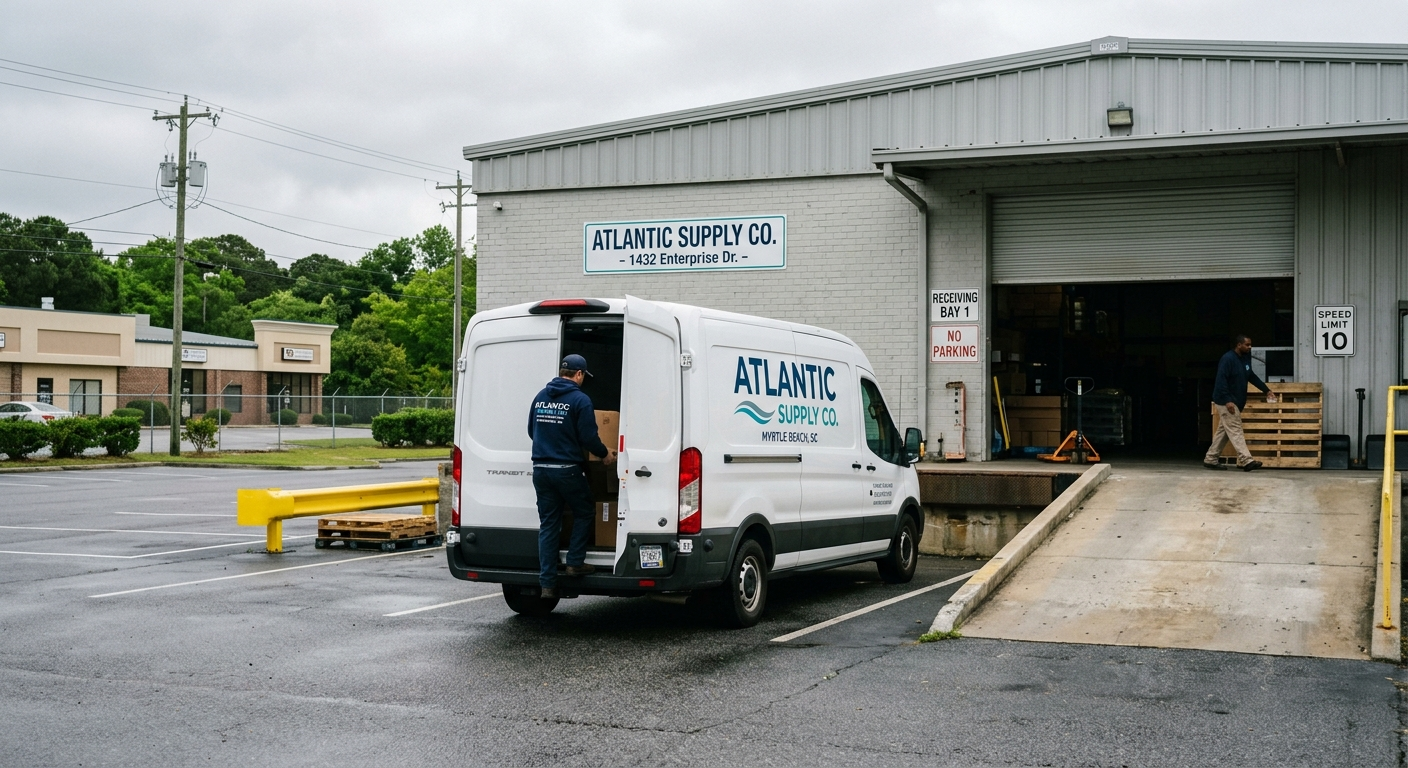 A white work van parked in front of a commercial building on a sunny South Carolina morning