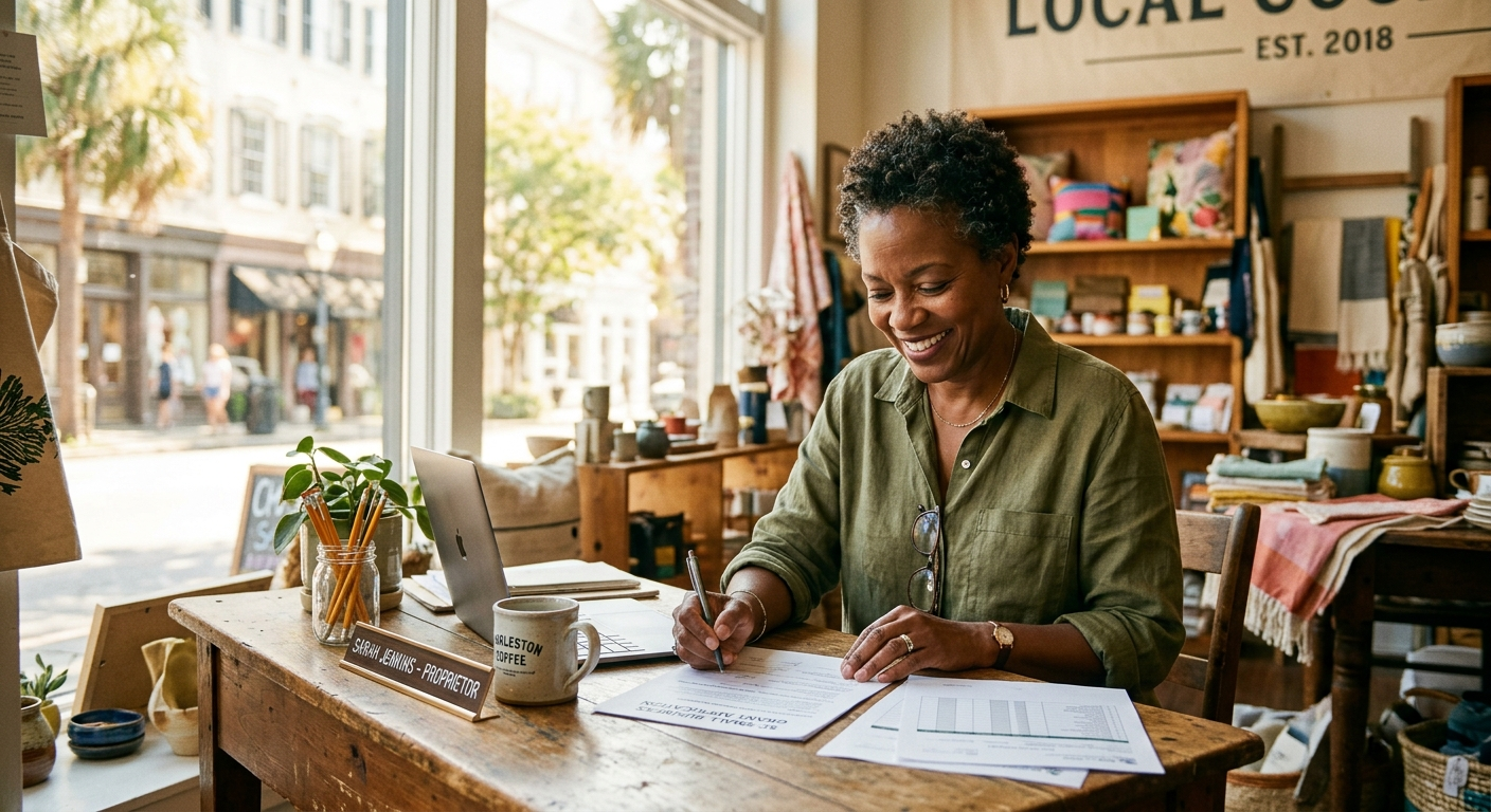 Small business owner reviewing commercial insurance documents at a desk in a coastal South Carolina shop