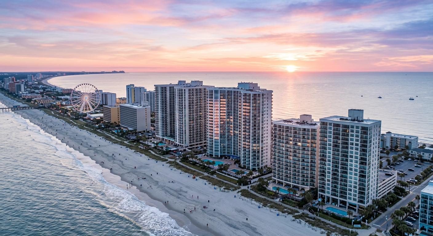 Aerial view of oceanfront condo towers along the Myrtle Beach, South Carolina coastline on a sunny day